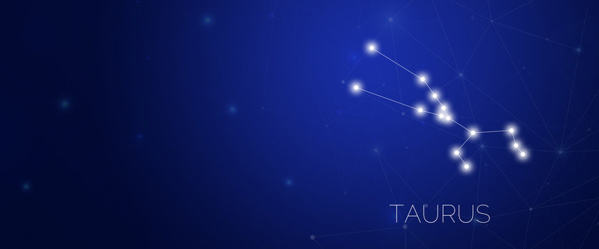 Zodiac constellation of Taurus in abstract space enviroment with dots and lines at dark blue background with large copy space.