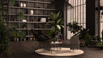 Modern conservatory, winter garden, gray interior design, lounge with rattan armchair and table. Mezzanine with iron staircase, parquet floor. Relax space full of potted plants