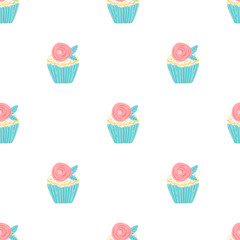 Cupcake pattern with rose flower. Cute hand drawn vector illustration cupcakes seamless background for birthday party, greeting cards, gift wrap.