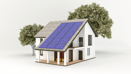 Solar energy system with photovoltaic solar panels on the roof of the house (3D Rendering)