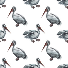 Watercolor seamless pattern with pelican hand drawing decorative background. Print for textile, cloth, wallpaper, scrapbooking