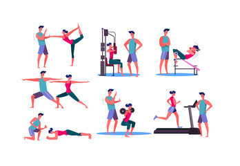 Fototapeta na wymiar Set of sporty woman training at gym. Flat vector illustrations of young sportswoman training with trainer. Sport concept for banner, website design or landing web page