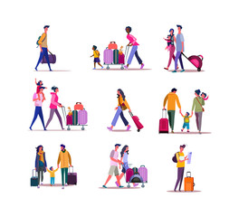Naklejka premium Set of travelers walking with luggage. Flat vector illustrations of families carrying travel cases. Travel concept for banner, website design or landing web page