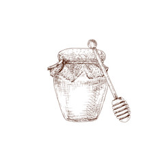 Hand drawn honey jar and wooden honey dipper isolated on white background. Vector illustration.