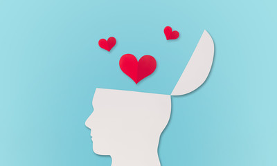 red hearts opened head human blue background