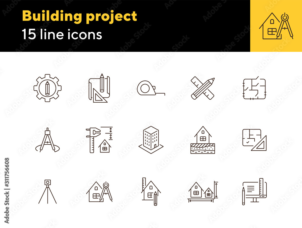 Poster building project line icon set
