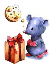 Naklejka premium Christmas mouse with a gift and a month, watercolor sketch
