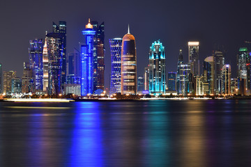 West Bay panorama at night from the Gulf in Qatar, Doha