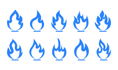 Collection of flat tongues .of flame isolated on white background. Set gas pictogram icons. Blue fire. Vector illustration.