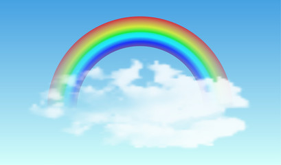 Realistic rainbow with cloud in the sky. Editable vector background. Sky texture. LGBT concept. Mesh grid technology. Vector illustration.