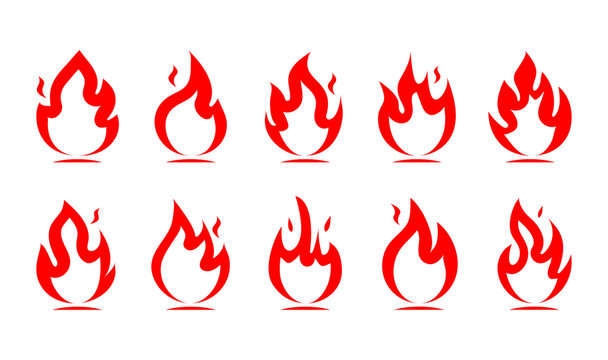 Collection of red flat tongues of flame pictogram isolated on white background. Set icons. Flaming symbols and elements of candle, heat, fire, fireplace, burning, energy. Vector illustration.