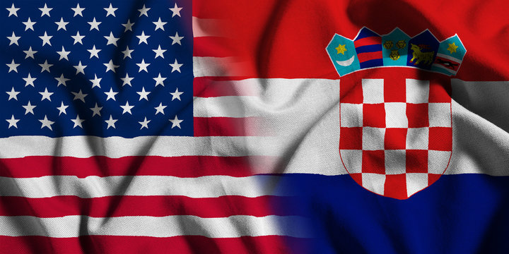 National flag of the United States with Croatia on a waving cotton texture background