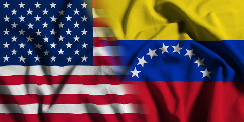 National flag of the United States with Venezuela on a waving cotton texture background