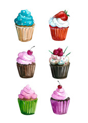 Watercolor cupcakes on the white background