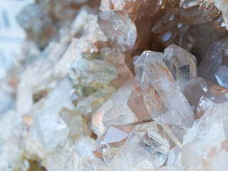 Background, smoky quartz crystals cluster close-up, in the rock. The most common mineral	