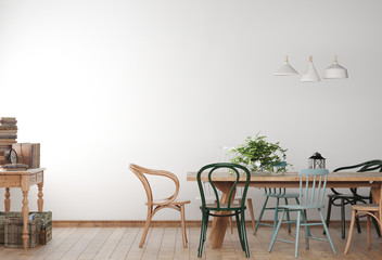 Mock up farmhouse dining room with wooden colored chairs and table. Minimalist design in white background. 3D illustration.
