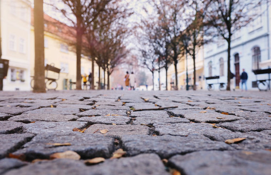 low angle of paving stone vintage road cover with old houses, antique street