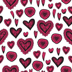 Fototapeta na wymiar Pink valentines day heart in vintage etching handdrawn tatoo style on white background. Cartoon, vector illustration. Valentines day banner. Valentines day background.