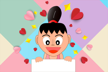 Illustration of valentine day greeting card. Young girl holding label and hearts on pastel background.
