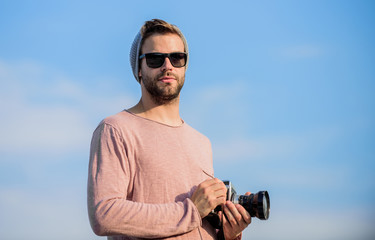Photojournalist concept. Travel blogger. Professional photographer. Hipster reporter taking photo....