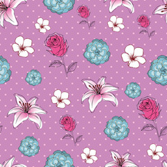 Seamless pattern with succulents, roses and lily flowers illustration on polka dots