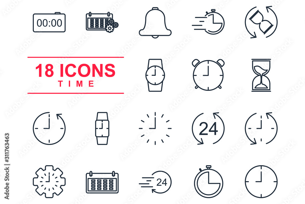Poster Time and clock line Set icon template color editable. Time pack symbol vector sign isolated on white background illustration for graphic and web design.