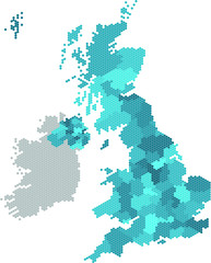 Blue hexagon United Kingdom map on white background. Vector illustration.