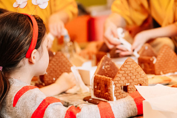 cooking gingerbread cookies, a house of cookies for Santa, kids are preparing to eat, decorating the house