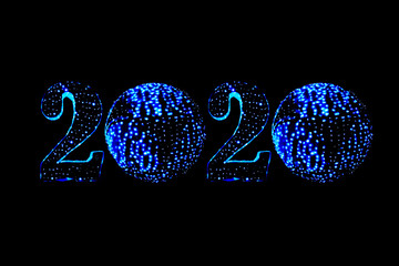 2020 Happy New Year blue neon light digits on black background (with copyspace)