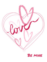 Valentine's greeting card. Pink hearts with text on a white background