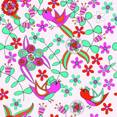 Vector floral  seamless pattern in doodle style with flowers , leaves and birds . Gentle, spring or summer floral background.