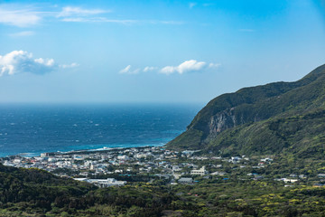 Panoramic landscape view of Niijima island Japan