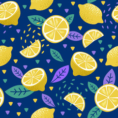 Tropical vivid seamless pattern with fresh yellow Lemon fruit. Fashion clothing design, food print. Vector citrus illustration. Blue background, green, purple leaves, lemon slises, abstract elements.
