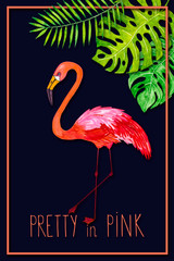 Pretty in pink - card. Pink flamingos and tropical leaves. watercolor illustration