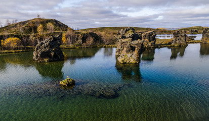 Fototapeta na wymiar Iceland, Europe, the unique nature of Iceland, the unusual geological properties of Lake Myvitn, where filming of the Game of Thrones movie took place