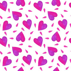 Seamless pattern with pink and purple hearts and petals, valentine’s day pattern, heart background, watercolor hand painted pattern