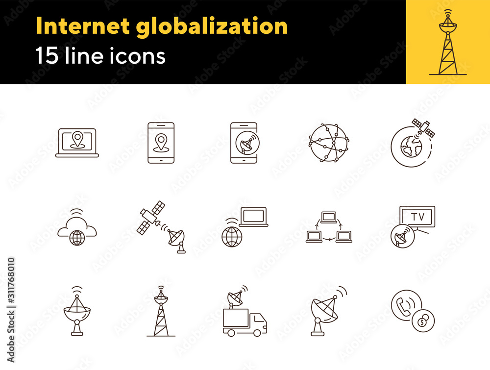 Poster internet globalization thin line icon set