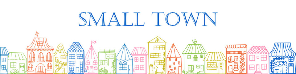 Fototapeta premium Color vector in doodle style. Collection of cute hand drawn houses. All objects isolated on white. For kids design.Outline drawing. Concept for banner or basement with street of small town with houses