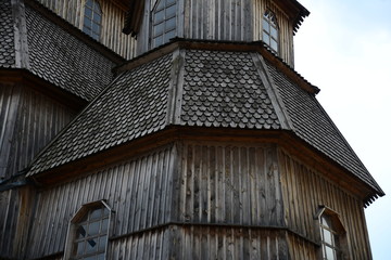 Typical Cossack house interior. Wooden building on Zaporozhye Sich in Ukraine. Medieval church on island of Khortitsa in Zaporozhye.