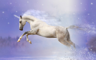 White unicorn in the snow on a purple background