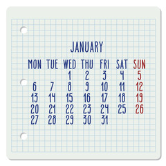 January year 2020 monthly notebook page calendar