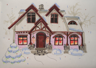 Hand drawn marker sketch of a cottage in winter with christmas tree.