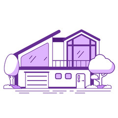 Suburban house in the forest. Country cottage. Rural villa. Flat vector illustration. Concept for sale of buildings.