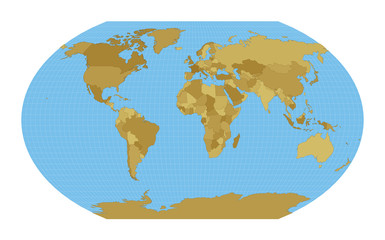 Fototapeta na wymiar World Map. Kavrayskiy VII pseudocylindrical projection. Map of the world with meridians on blue background. Vector illustration.