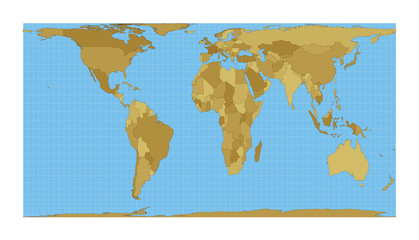 World Map. Cylindrical equal-area projection. Map of the world with meridians on blue background. Vector illustration.