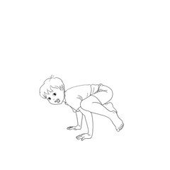 Kids Yoga - Joga für Kinder, Asana Krähe, horizontal Banner Design Concept Cartoon. Junge barfuß in Yoga Haltung, macht fröhliches Gesicht. Yogi Logo auf Hintergrund in weiß.