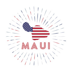 Maui sunburst badge. The island sign with map of Maui with American flag. Colorful rays around the logo. Vector illustration.