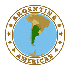 Argentina logo. Round badge of country with map of Argentina in world context. Country sticker stamp with globe map and round text. Vector illustration.