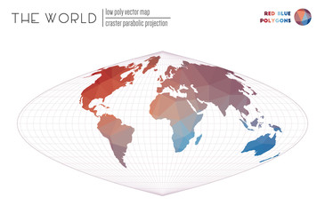 Polygonal world map. Craster parabolic projection of the world. Red Blue colored polygons. Amazing vector illustration.