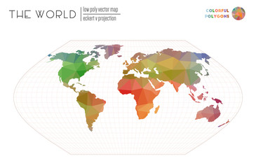Low poly design of the world. Eckert V projection of the world. Colorful colored polygons. Energetic vector illustration.